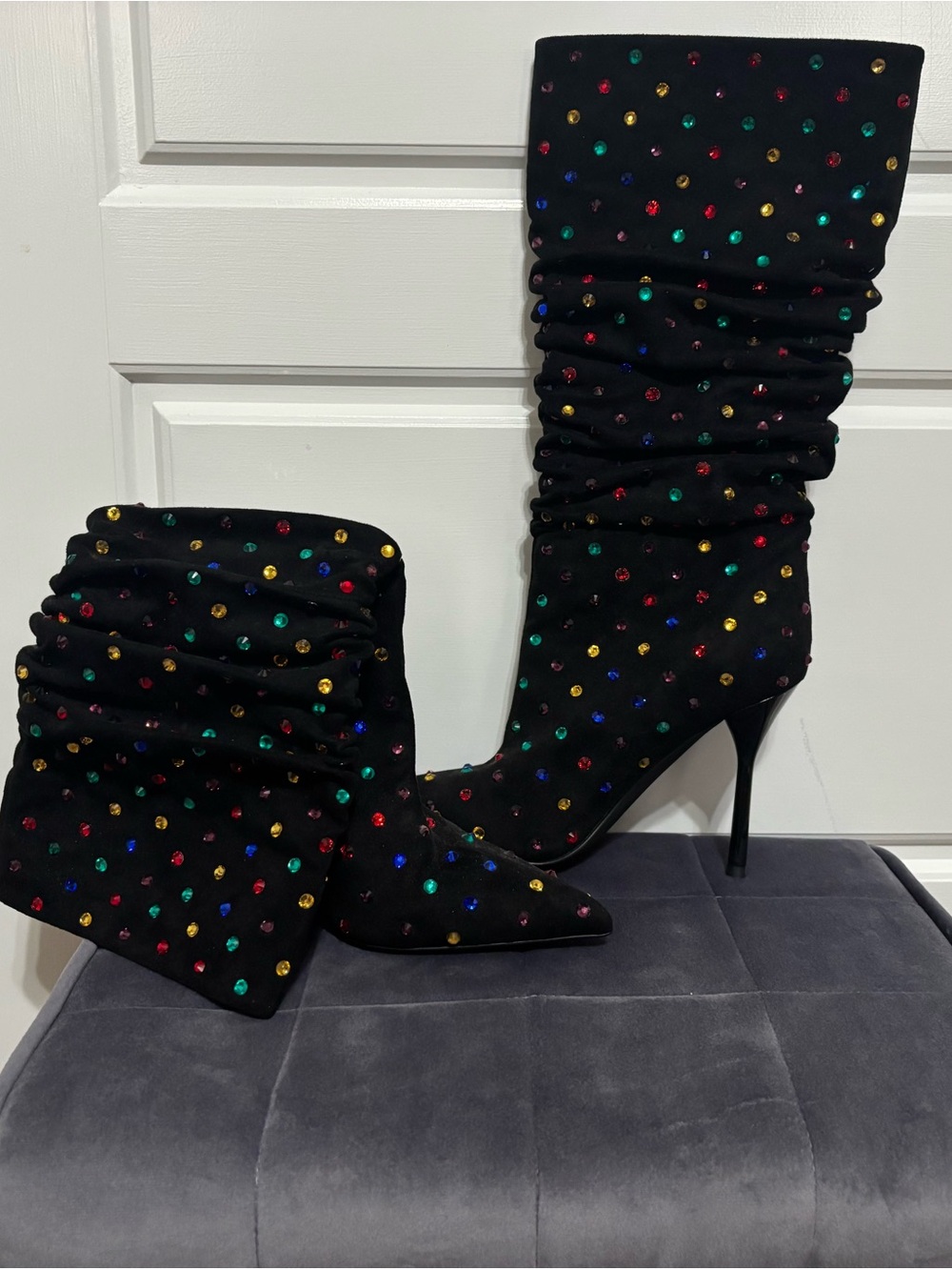 Jeffrey Campbell Black Knee-High Slouch Boots with Multicolored Studs